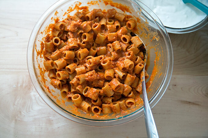 A bowl of pasta tossed with vodka sauce.