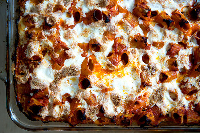 A pan of just-baked penne alla vodka.