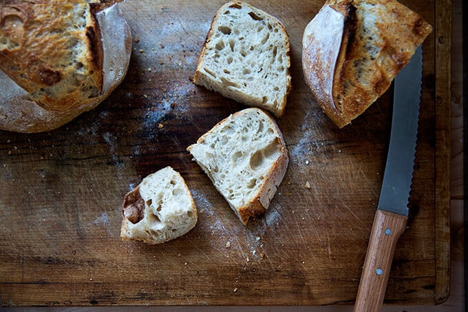 Sourdough bread, freshly baked and sliced.