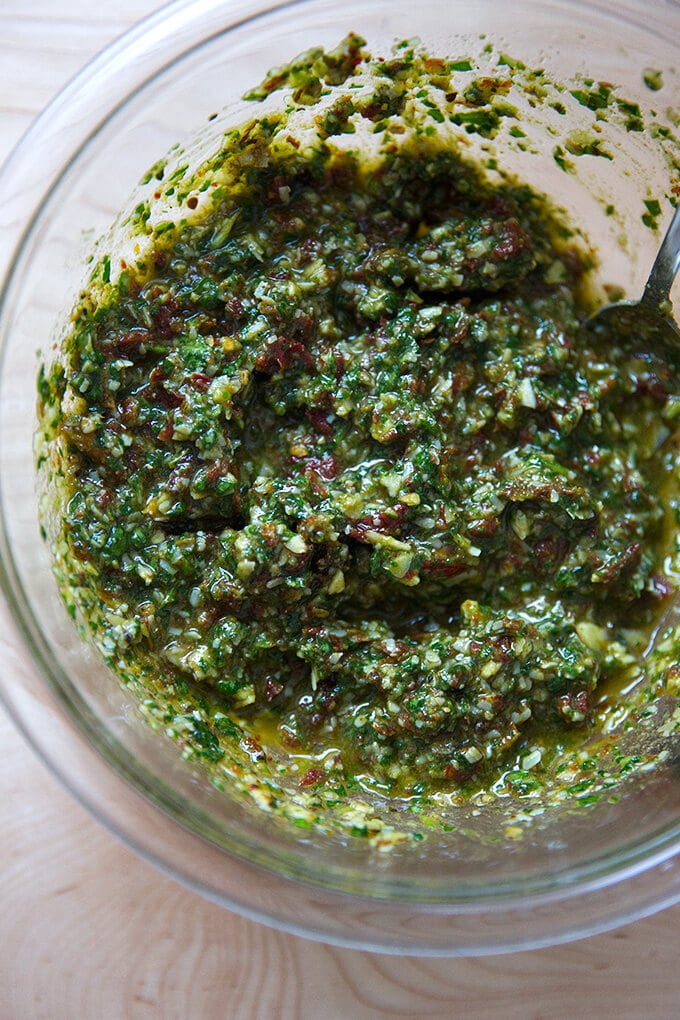 Sun-dried tomato and spinach pesto in a bowl.