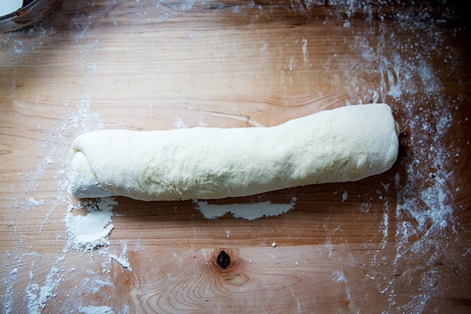 Brioche dough rolled into a coil.