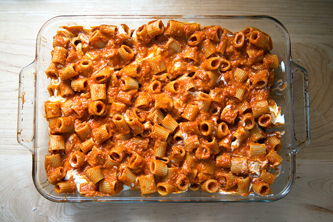 A 9x13-inch pan filled with penne tossed with vodka sauce.