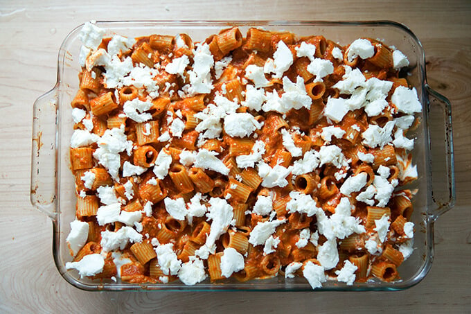 A 9x13-inch pan filled with unbaked penne alla vodka.