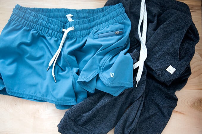 Vuori performance joggers and clementine shorts.