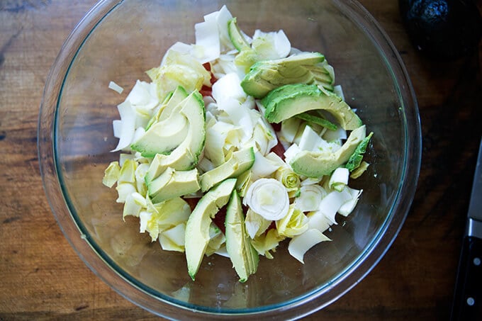 Citrus, endive, and avocado in a bowl.