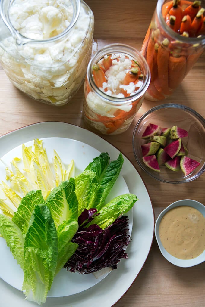 Components to pickled crudités platter.