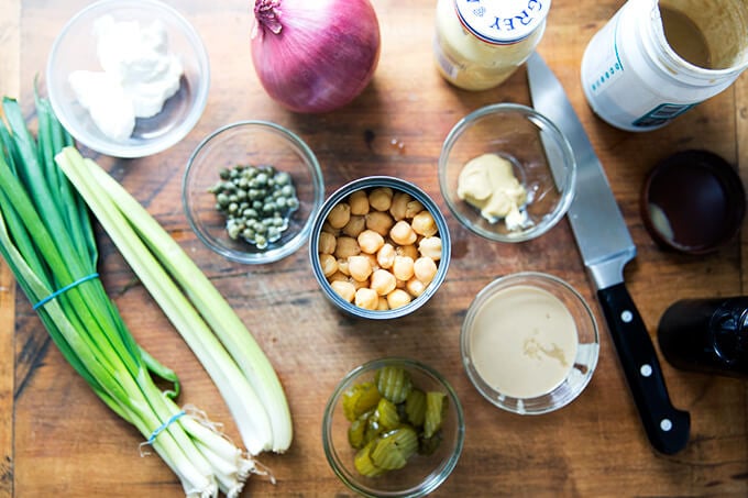 A board with the ingredients to make no-tuna "tuna" salad.