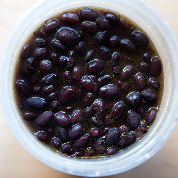 An overhead shot of a quart of cooked slow cooker black beans.