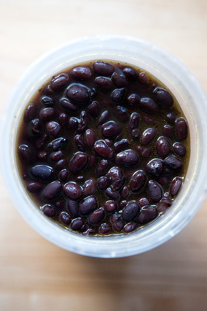 An overhead shot of a quart of cooked slow cooker black beans.