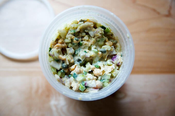 A quart container filled with no-tuna "tuna" salad.
