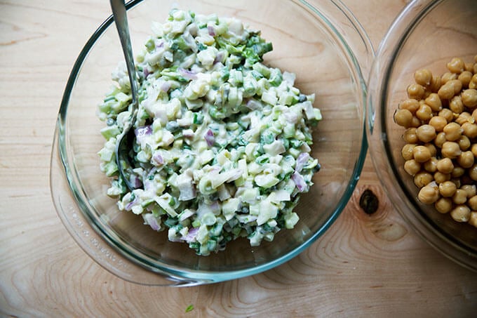 A bowl filled with the sauce for the no-tuna tuna salad sandwiches.