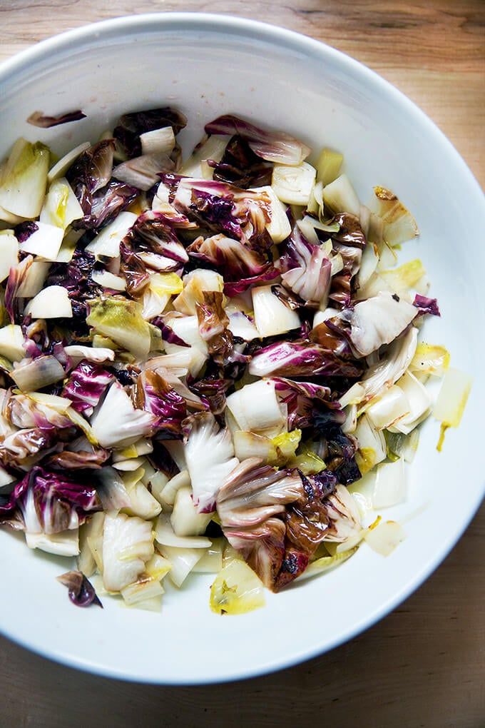 A bowl of sautéed chicories.