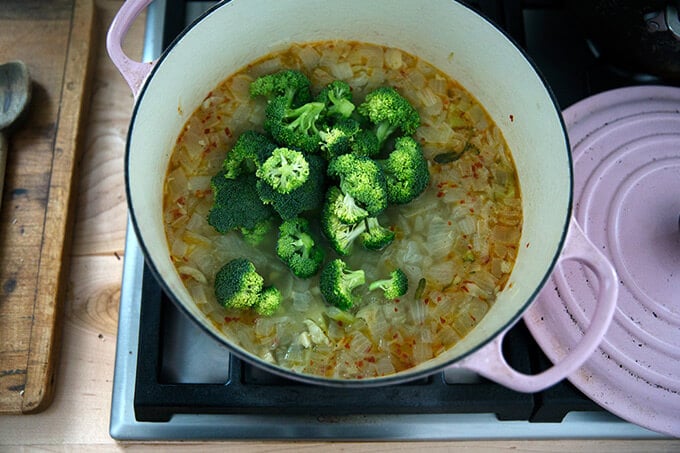 Adding broccoli florets to the broccoli-cheddar soup pot.