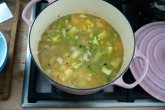 A Dutch oven with onions, garlic, broccoli stems, and water.