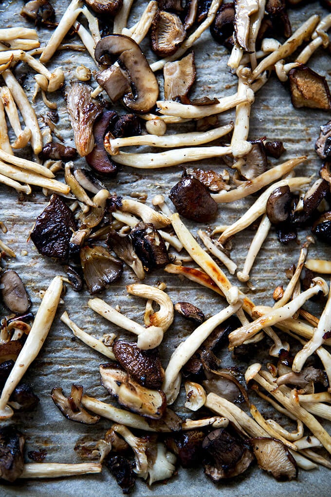 A sheet pan of roasted mushrooms.