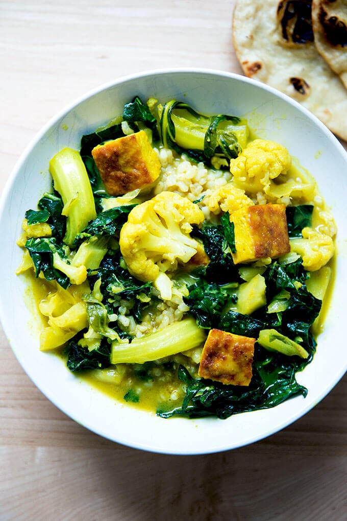 A bowl of vegetarian and tofu curry.