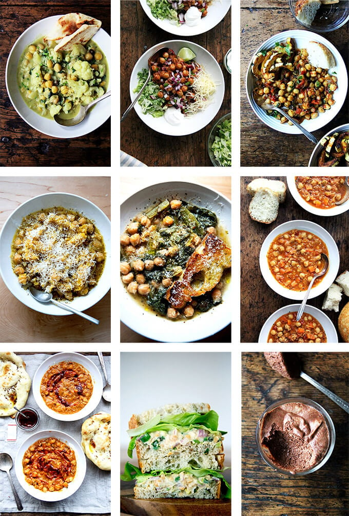 A montage of images depicting recipes made with chickpeas. 