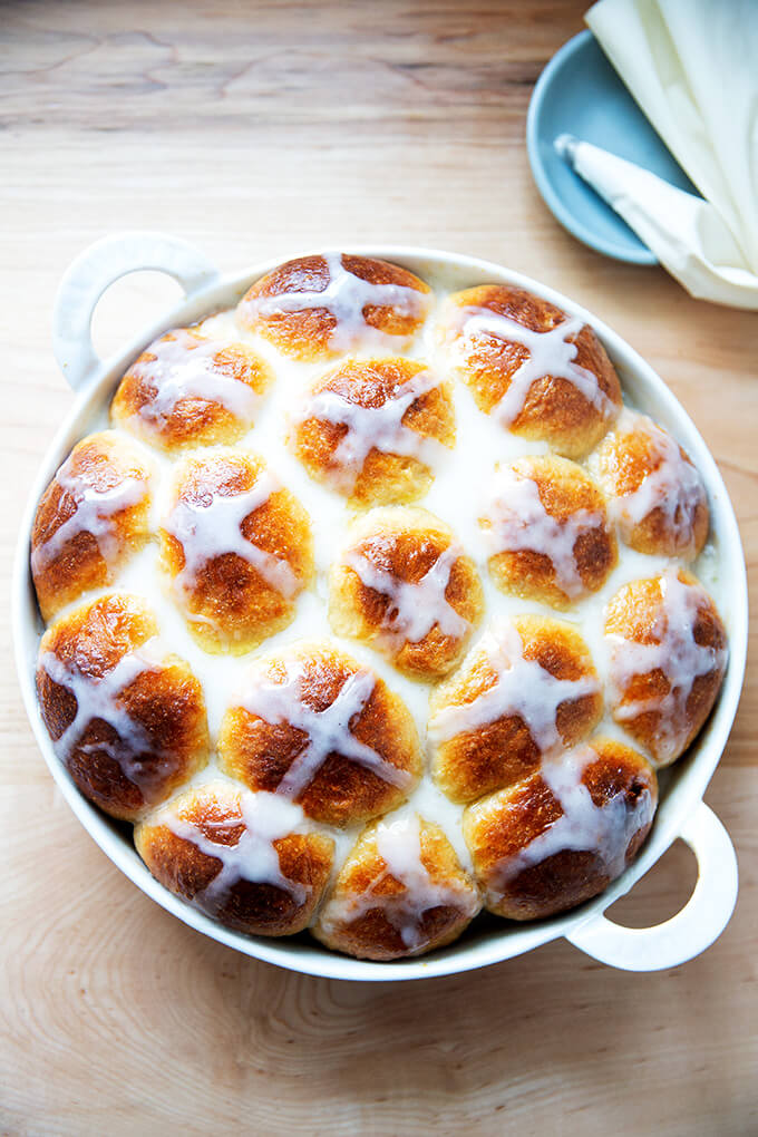 Just glazed hot cross buns in pan.