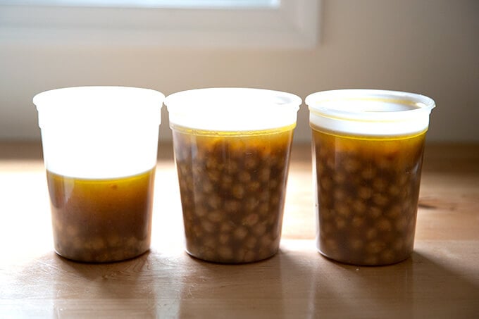 Three quarts of cooked slow cooker chickpeas.