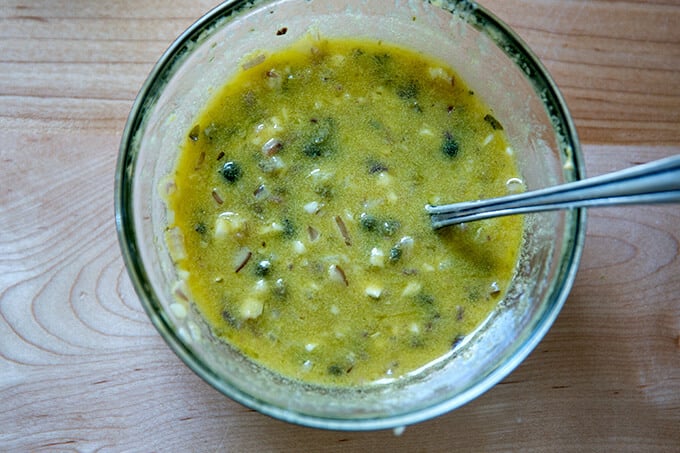 Anchovy dressing in a bowl.