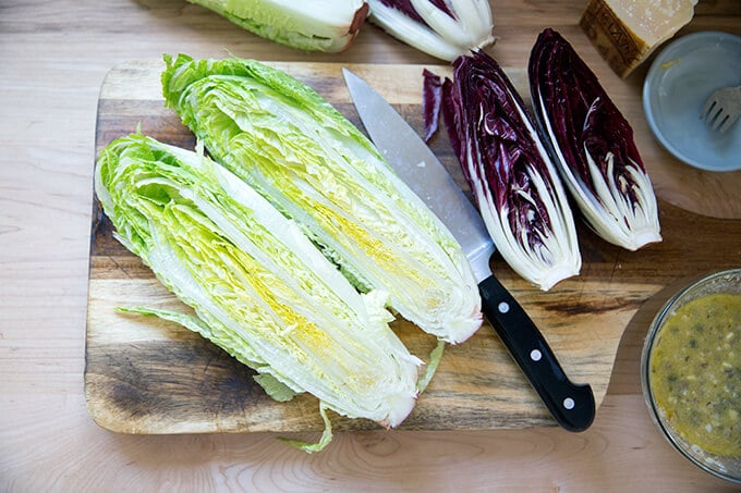 Halved heads of Treviso and Romaine.