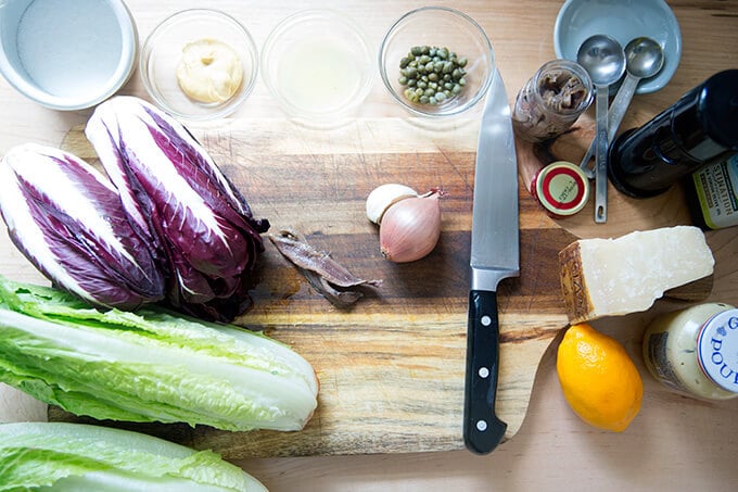 Ingredients to make grilled Romaine salad.