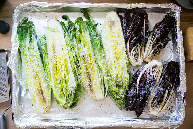 A sheet pan of Romaine and Treviso topped with grated parmesan.