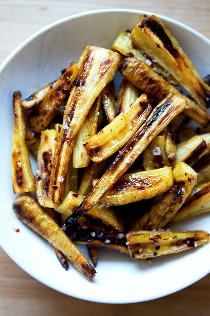 A bowl of roasted parsnips with chile-honey butter.