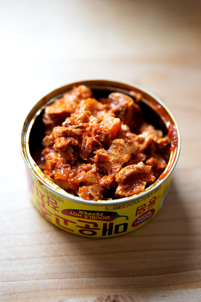 A tin of Korean double hot tuna mixed with Kewpie mayonnaise.