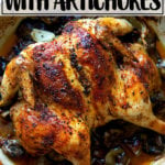 A skillet of roast chicken with dates and artichoke hearts.