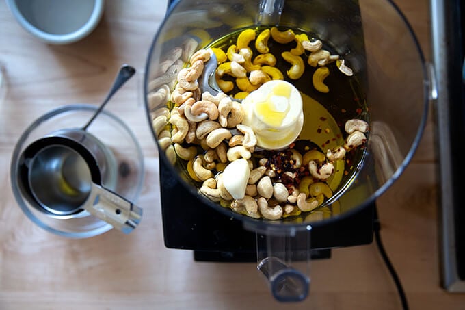 Cashew dressing in food processor.