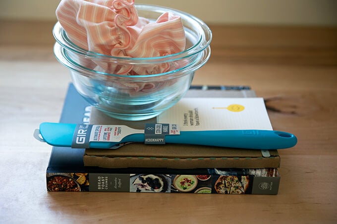 Peasant bread kit contents pink cloth bowl cover.