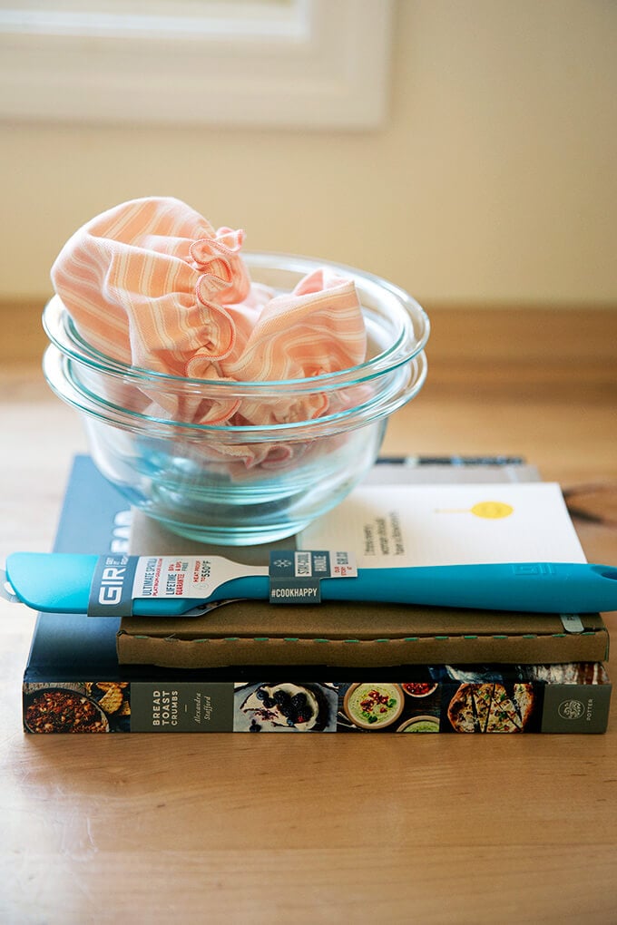 Peasant bread kit contents pink cloth bowl cover.