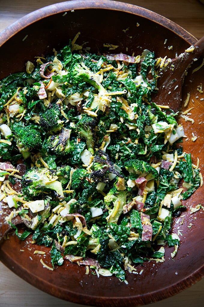 A large salad bowl filled with a chopped salad.