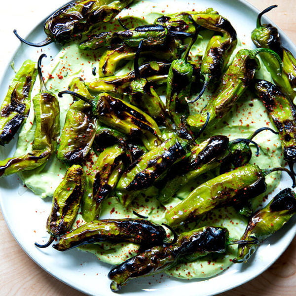 A platter of broiled shishito peppers with avocado cream.