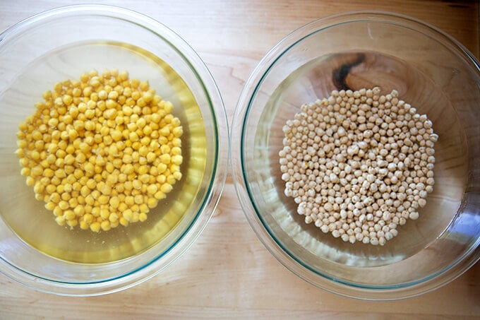 Chickpeas two ways: freshly soaked and overnight soaked.