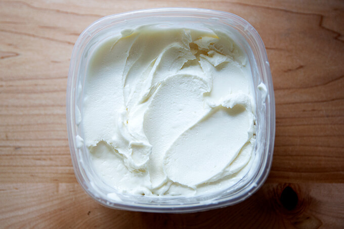 Frozen yogurt in a container.