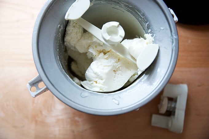 An ice cream maker filled with just-churned frozen yogurt.