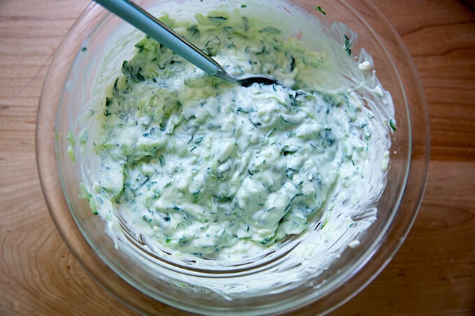 A bowl of tzatziki.