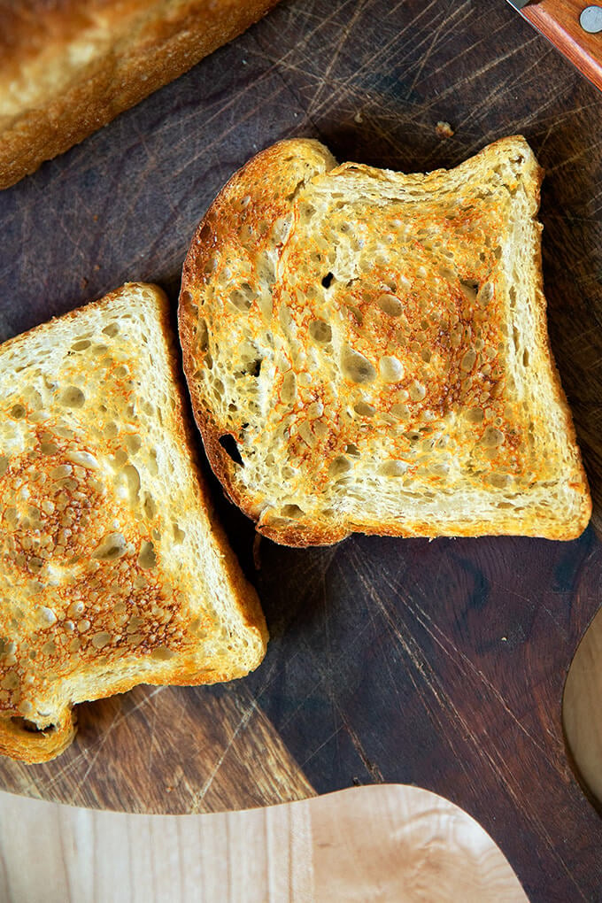 A slice of sourdough toasting bread.