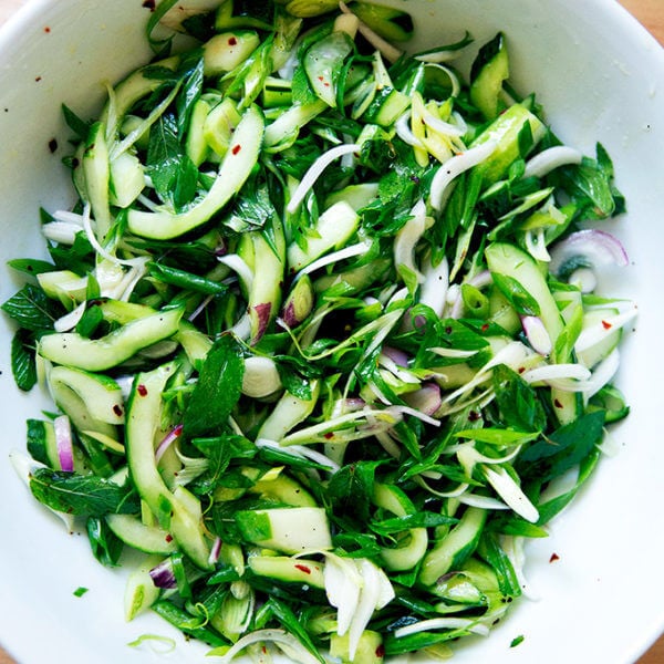 Cucumber and mint salad in bowl.