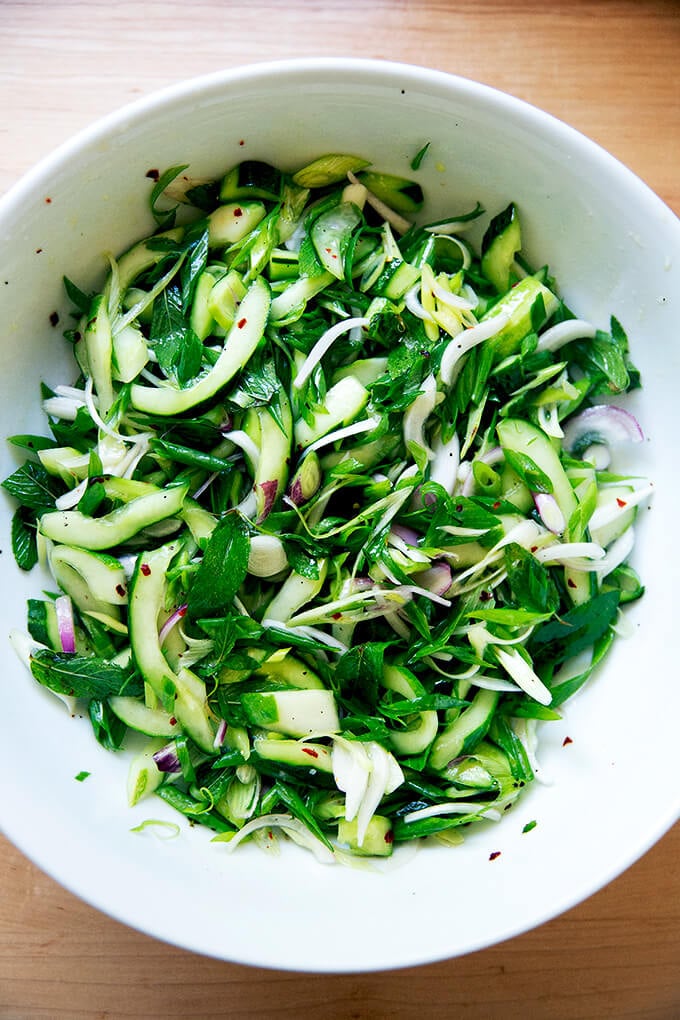 Cucumber salad in bowl.