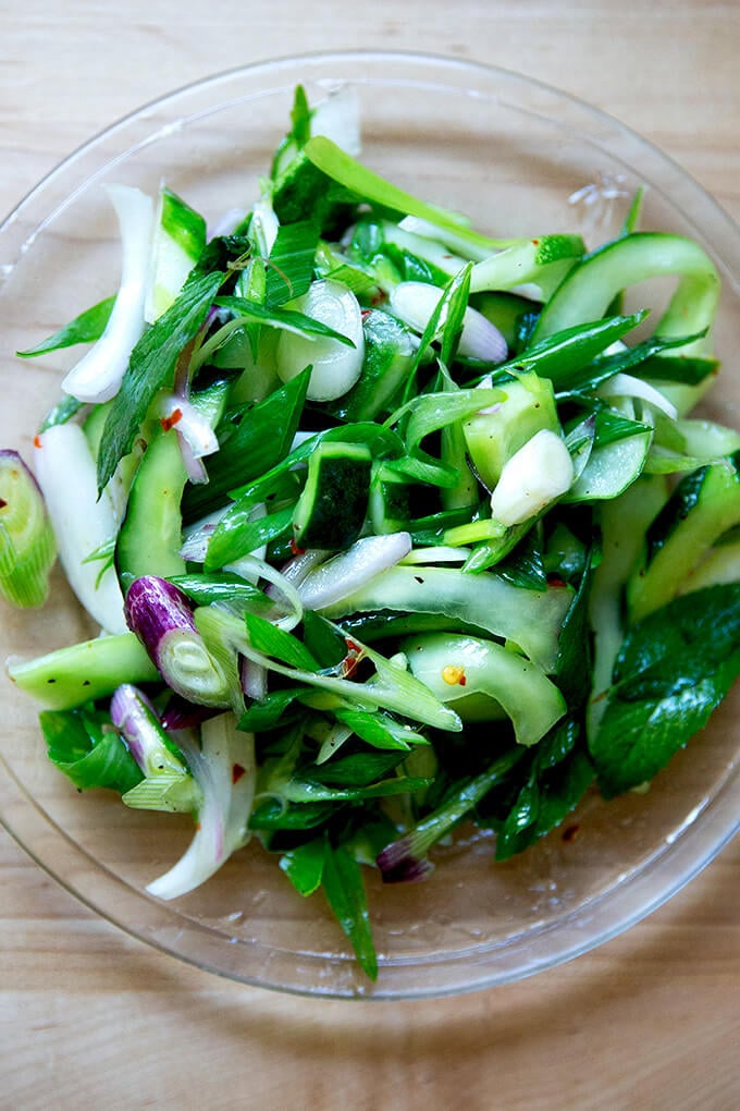 Cucumber salad on a plate.