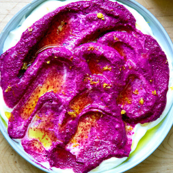 Raw beet dip over Greek yogurt + lemon zest.