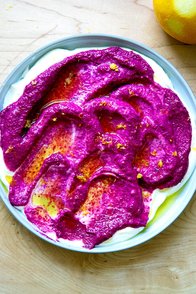 Raw beet dip over Greek yogurt + lemon zest.