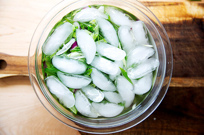 A bowl of sliced scallions in ice water.