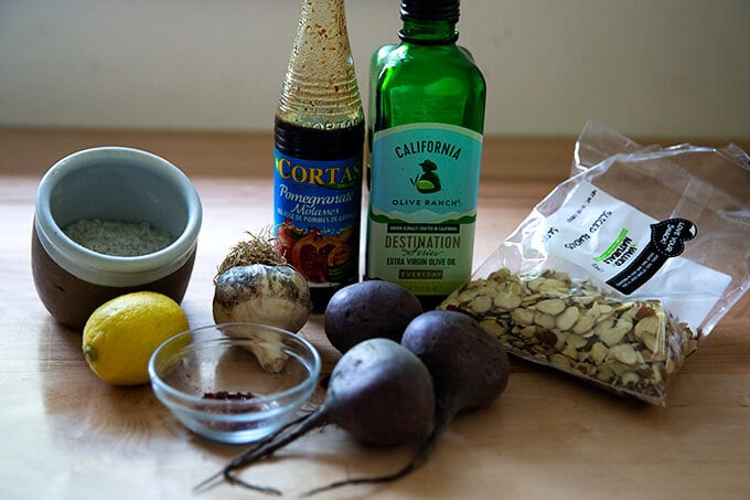 Ingredients for a raw beet dip.