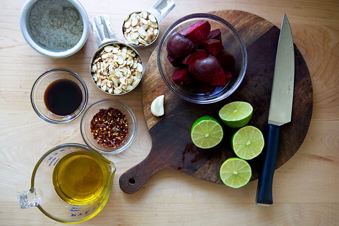 Ingredients on a board prepped for beet dip.