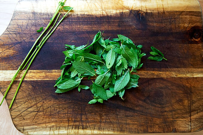 Mint leaves on a board.