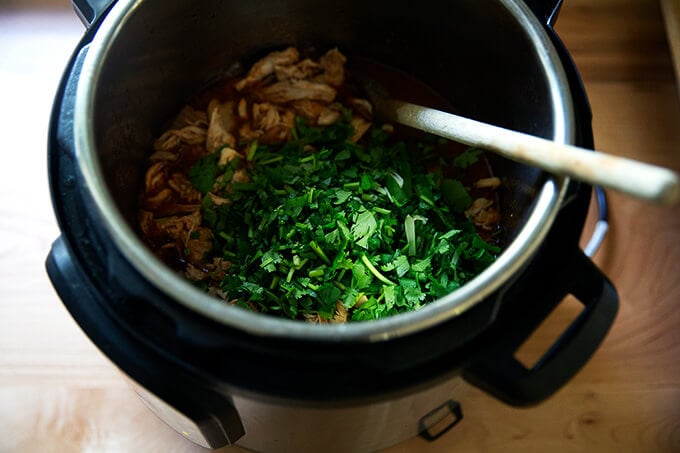 An instant pot holding chicken tinga with cilantro added.